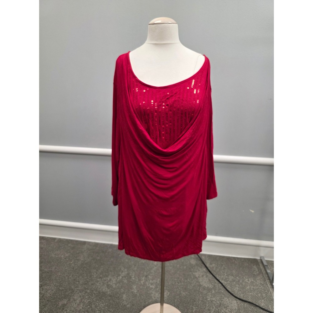Catherines Red Sequin Draped Cowl Neck Tunic Top Plus Size 4X 30/32W Long Sleeve